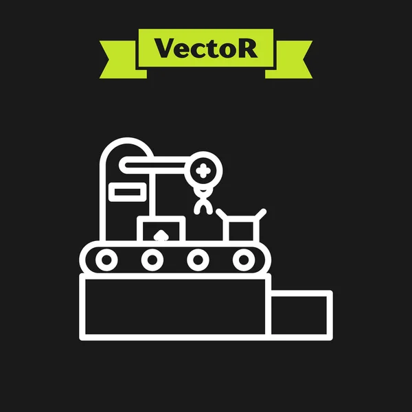 White Line Fabrik Förderband mit Kartons Engineering Maschine Symbol isoliert auf schwarzem Hintergrund. Roboterindustriekonzept. Vektorillustration — Stockvektor
