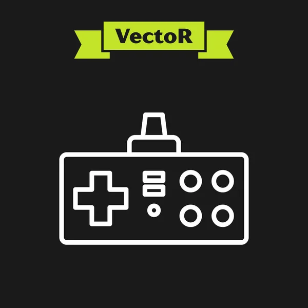 Weiße Linie Gamepad-Symbol isoliert auf schwarzem Hintergrund. Spielkontrolle. Vektorillustration — Stockvektor
