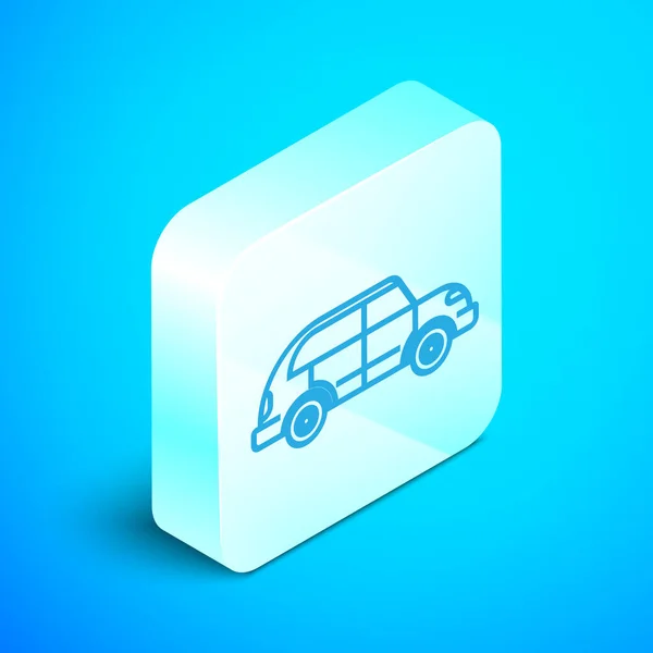 Icono del coche Hatchback línea isométrica aislado sobre fondo azul. Botón cuadrado plateado. Ilustración vectorial — Archivo Imágenes Vectoriales