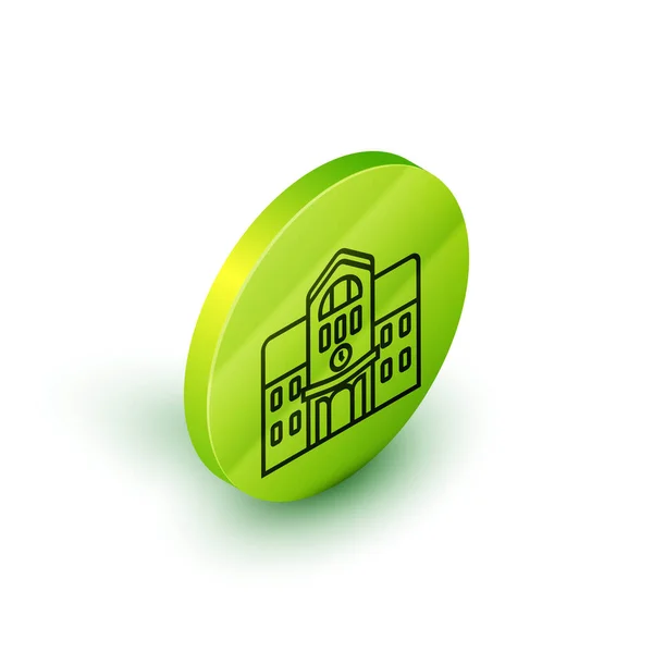 Icono de edificio de la escuela de línea isométrica aislado sobre fondo blanco. Botón círculo verde. Ilustración vectorial — Vector de stock