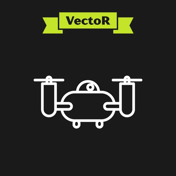 White line Drone flying with action video camera icon isolated on black background. Quadrocopter with video and photo camera symbol. Vector Illustration — Stock Vector