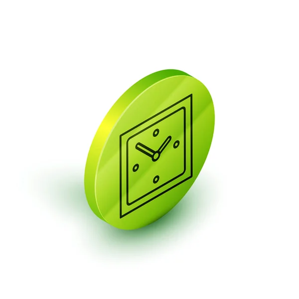 Isometrisk linje klockikon isolerad på vit bakgrund. Tids symbol. Grön cirkel knapp. Vektor illustration — Stock vektor