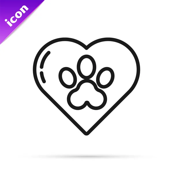 Black line Heart with animals footprint icon isolated on white background. Pet paw in heart. Love to the animals. Vector Illustration — Stock Vector