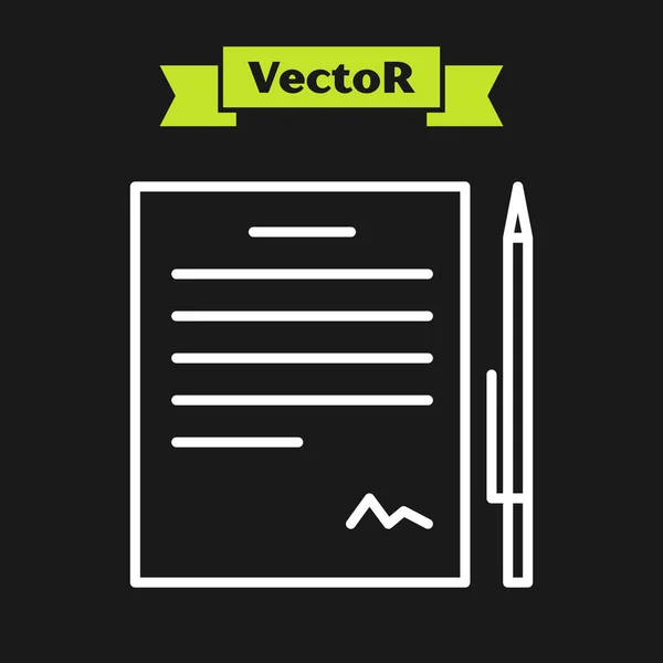 Contrato de linha branca com o ícone da caneta isolado no fundo preto. Ícone de arquivo. Ícone da lista de verificação. Conceito de negócio. Ilustração vetorial — Vetor de Stock