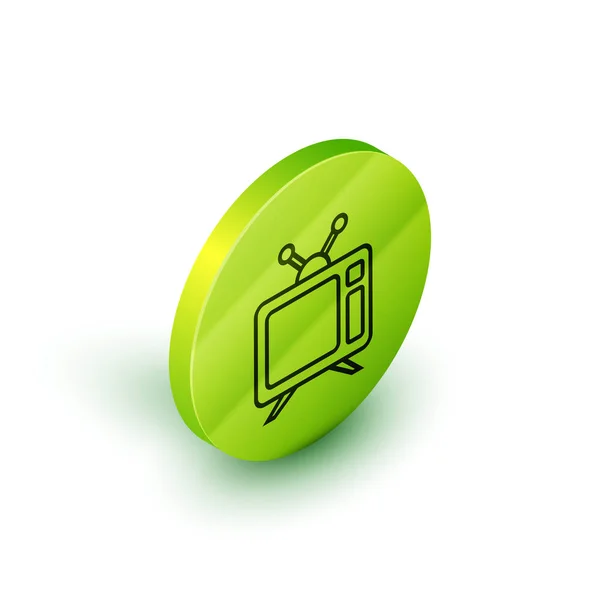 İzometrik çizgi televizyon simgesi beyaz arkaplanda izole edildi. Televizyon tabelası. Yeşil daire düğmesi. Vektör İllüstrasyonu — Stok Vektör