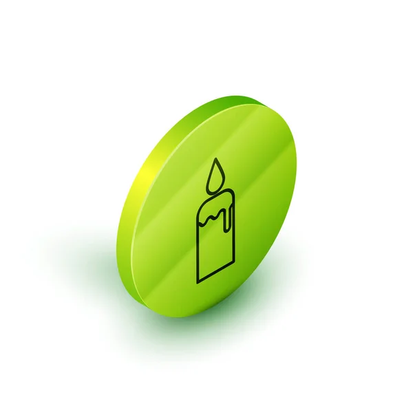 Línea isométrica Vela ardiente en el icono del candelero aislada sobre fondo blanco. Vara cilíndrica con llama ardiente. Botón círculo verde. Ilustración vectorial — Archivo Imágenes Vectoriales