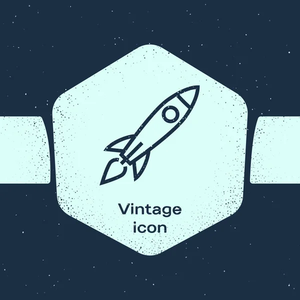 Grunge line Rocket ship with fire icon isolated on blue background. Space travel. Monochrome vintage drawing. Vector Illustration