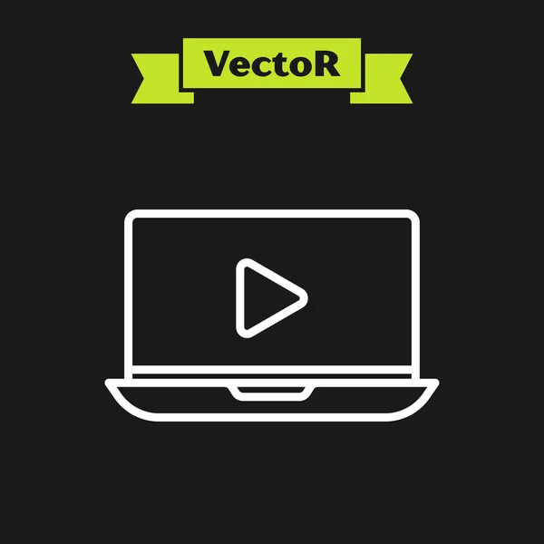 Weiße Linie Online spielen Video-Symbol isoliert auf schwarzem Hintergrund. Laptop und Filmstreifen mit Spielschild. Vektorillustration — Stockvektor
