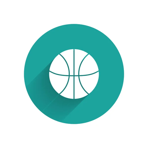 白色篮球图标与很长的阴影隔离 体育的象征 绿色圆环按钮 病媒图解 — 图库矢量图片