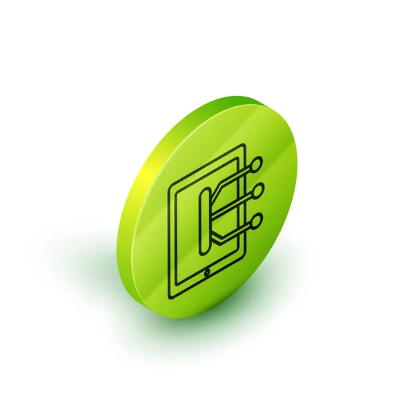 Linha isométrica ícone Tablet isolado no fundo branco. Botão de círculo verde. Ilustração vetorial — Vetor de Stock
