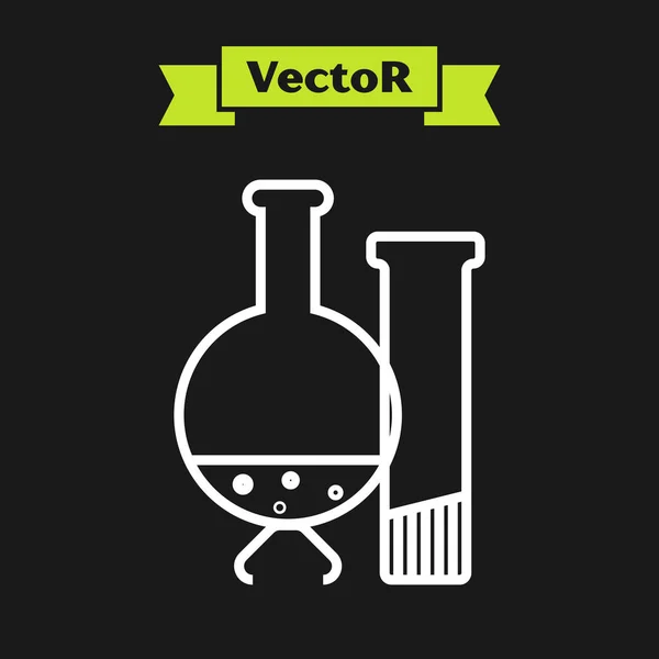 Reagenzglas und Kolben mit weißer Linie - Symbol für chemische Labortests auf schwarzem Hintergrund isoliert. Laborgläser. Vektorillustration — Stockvektor