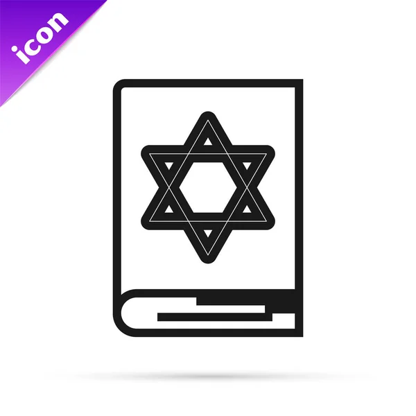 黒い線ユダヤ人のトーラの本のアイコンは、白い背景に隔離された。モーセの五旬節。聖書の表紙にはダビデの星のイメージが描かれています。ベクターイラスト — ストックベクタ