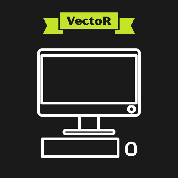 Computermonitor mit weißer Linie, Tastatur und Maussymbol isoliert auf schwarzem Hintergrund. PC-Komponenten-Zeichen. Vektorillustration — Stockvektor