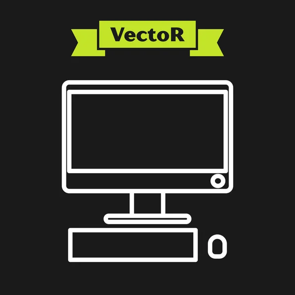 Linha branca Monitor de computador com teclado e ícone do mouse isolado no fundo preto. Assinatura do componente do PC. Ilustração vetorial — Vetor de Stock