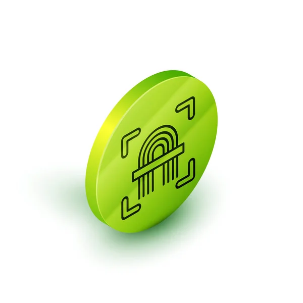 Icono de huella digital de línea isométrica aislado sobre fondo blanco. Icono de aplicación ID. Signo de identificación. Touch id. Botón círculo verde. Ilustración vectorial — Vector de stock