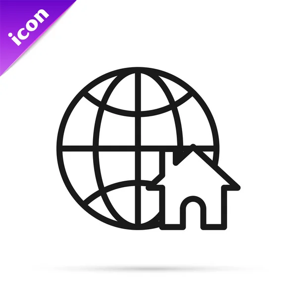 Černá čára Globe se symbolem domu ikona izolované na bílém pozadí. Koncept nemovitostí. Vektorová ilustrace — Stockový vektor