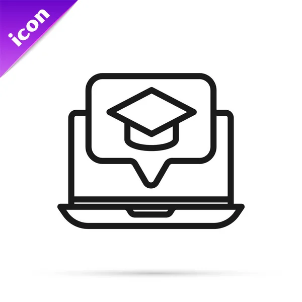 Linha preta Capa de graduação no ícone do laptop de tela isolado no fundo branco. Aprendizagem online ou conceito de e-learning. Ilustração vetorial — Vetor de Stock