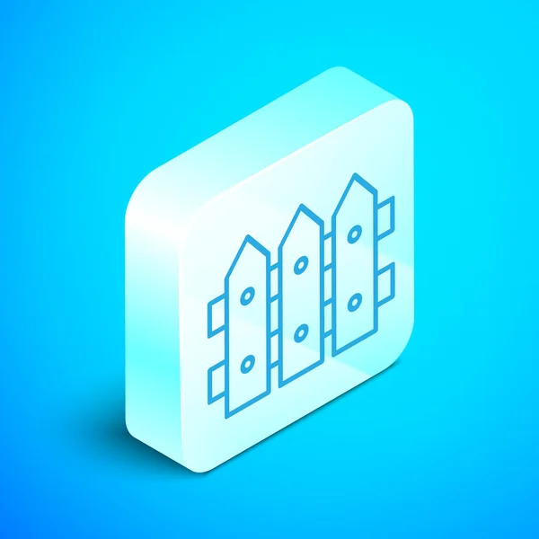 Isometric line Garden fence wooden icon isolated on blue background. Silver square button. Vector Illustration — Stock Vector