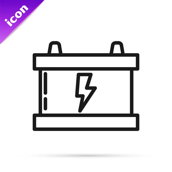 Schwarze Linie Autobatterie Symbol isoliert auf weißem Hintergrund. Akkumulatorbatterie und Akkumulatorbatterie. Blitzschlag. Vektorillustration — Stockvektor