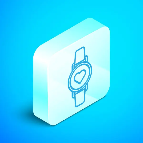 Isometryczna linia Inteligentny zegarek pokazujący ikonę tętna na niebieskim tle. Koncepcja aplikacji fitness. Srebrny przycisk. Ilustracja wektora — Wektor stockowy