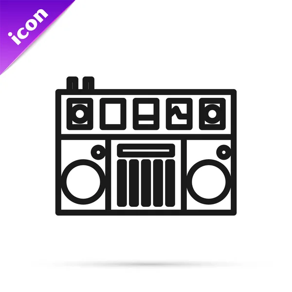 Black line DJ remote for playing and mixing music icon isolated on white background. DJ mixer complete with vinyl player and remote control. Vector Illustration — Stock Vector