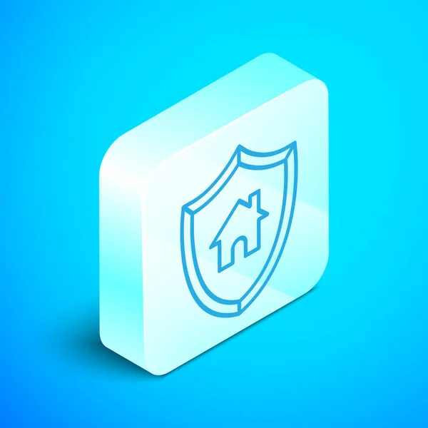 Isometric line House with shield icon isolated on blue background. Insurance concept. Security, safety, protection, protect concept. Silver square button. Vector Illustration — Stock Vector