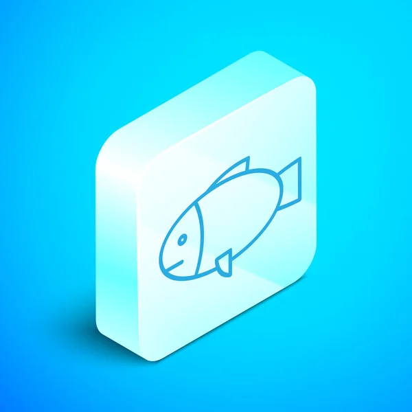 Línea isométrica Icono de pez aislado sobre fondo azul. Botón cuadrado plateado. Ilustración vectorial — Vector de stock