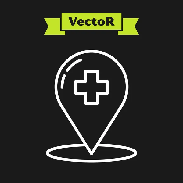 Linha branca Ponteiro do mapa médico com ícone de hospital cruzado isolado em fundo preto. Ilustração vetorial — Vetor de Stock