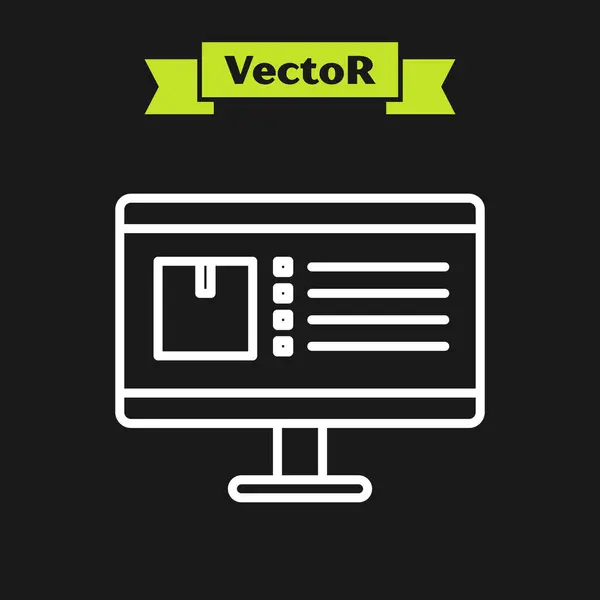 Linha branca Monitor de computador com ícone de rastreamento de entrega de aplicativos isolado em fundo preto. Rastreamento de pacotes. Ilustração vetorial — Vetor de Stock