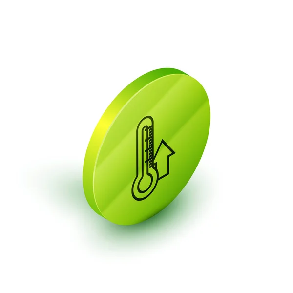 Icono del termómetro de línea isométrica aislado sobre fondo blanco. Botón círculo verde. Ilustración vectorial — Archivo Imágenes Vectoriales