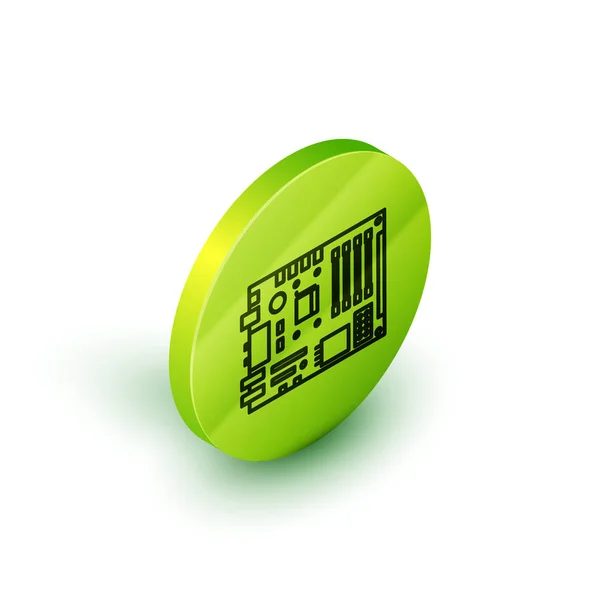 Ισομετρική γραμμή Ηλεκτρονικά εξαρτήματα υπολογιστών motherboard digital chip integrated science icon απομονωμένο σε λευκό φόντο. Κυκλική πλάκα. Πράσινο κουμπί κύκλου. Εικονογράφηση διανύσματος — Διανυσματικό Αρχείο