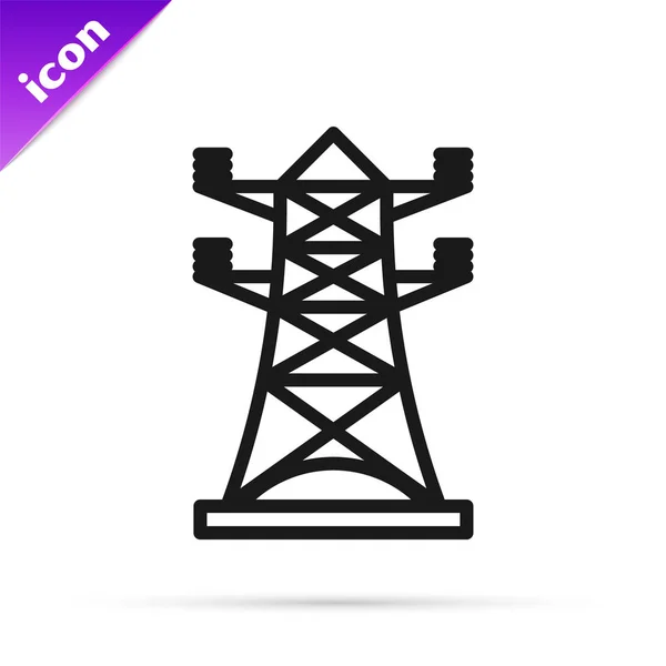 Línea negra Torre eléctrica utilizada para soportar un icono de línea aérea aislado sobre fondo blanco. Línea de poste de alta tensión. Ilustración vectorial — Archivo Imágenes Vectoriales