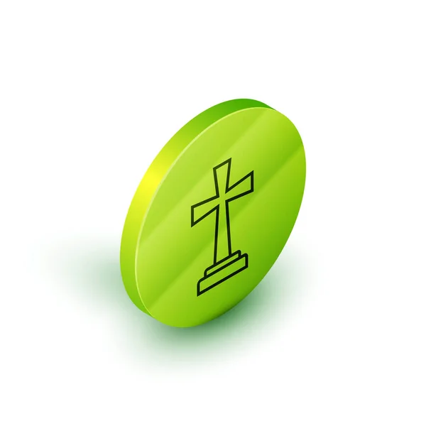 Linea isometrica Tombstone con icona a croce isolata su sfondo bianco. Icona della tomba. Pulsante cerchio verde. Illustrazione vettoriale — Vettoriale Stock