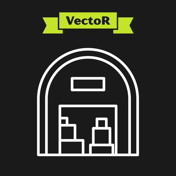 Linha branca Ícone do armazém isolado no fundo preto. Ilustração vetorial — Vetor de Stock