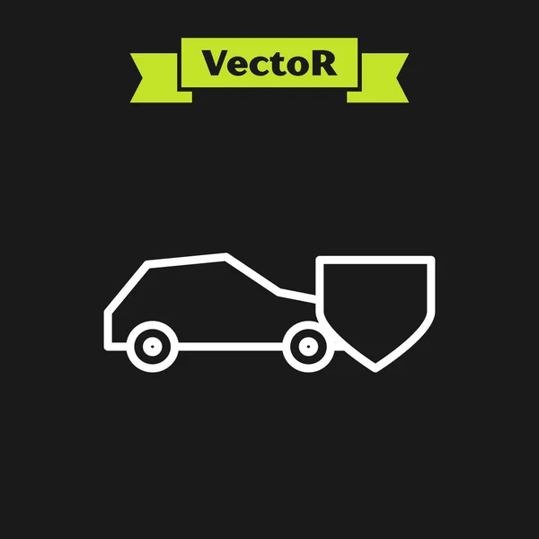 Línea blanca Coche con icono de escudo aislado sobre fondo negro. Concepto de seguro. Seguridad, seguridad, protección, concepto de protección. Ilustración vectorial — Vector de stock