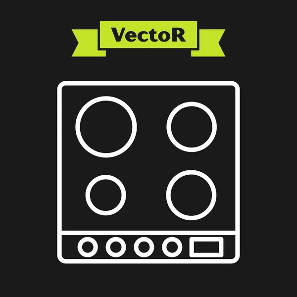 Linha branca Ícone de fogão a gás isolado no fundo preto. Sinal de Cooktop. Hob com quatro queimadores de círculo. Ilustração vetorial — Vetor de Stock