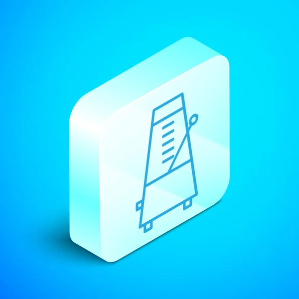 Isometric line Classic Metronome with pendulum in motion icon isolated on blue background. Equipment of music and beat mechanism. Silver square button. Vector Illustration — Stock Vector