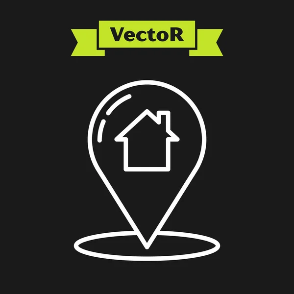 Ligne blanche Pointeur de carte avec icône de maison isolée sur fond noir. Marqueur de localisation de la maison symbole. Illustration vectorielle — Image vectorielle