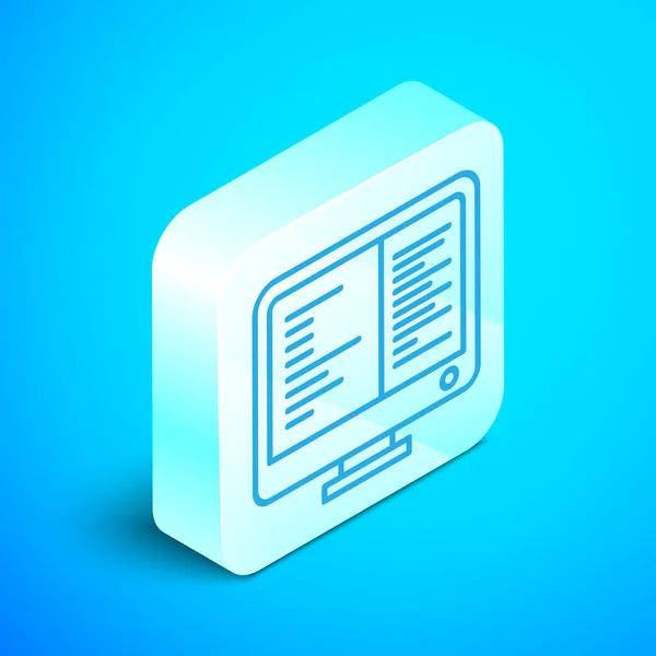 Isometrische Linie Computerbildschirm-Symbol isoliert auf blauem Hintergrund. Elektronisches Gerät. Frontansicht. Silberner quadratischer Knopf. Vektorillustration — Stockvektor