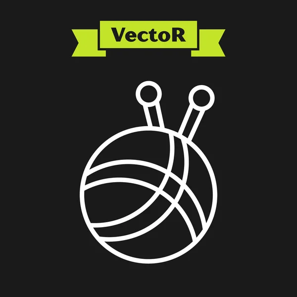 Bola de hilo de línea blanca con agujas de punto icono aislado sobre fondo negro. Etiqueta para confeccionar a mano, tejer o sastrería. Ilustración vectorial — Vector de stock