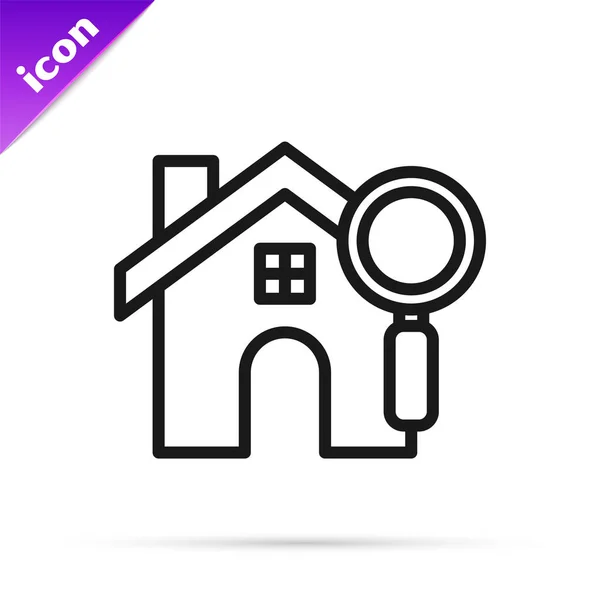 Schwarze Linie Suche Haus Symbol isoliert auf weißem Hintergrund. Immobiliensymbol eines Hauses unter der Lupe. Vektorillustration — Stockvektor