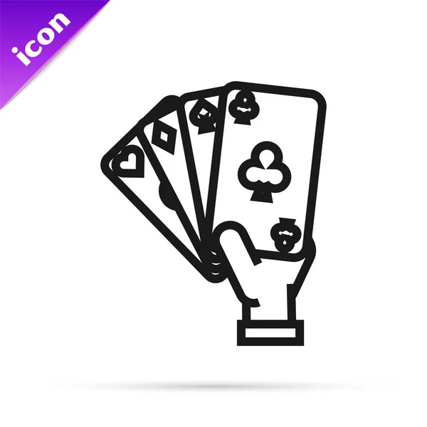 Linea nera Mano che tiene l'icona delle carte da gioco isolata su sfondo bianco. Progettazione del gioco del casinò. Illustrazione vettoriale — Vettoriale Stock