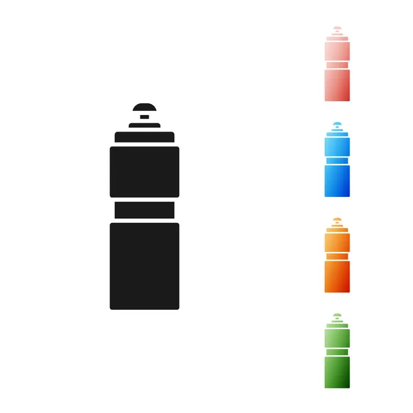 Black Fitness shaker icon isolated on white background. Sports shaker bottle with lid for water and protein cocktails. Set icons colorful. Vector Illustration — Stock Vector