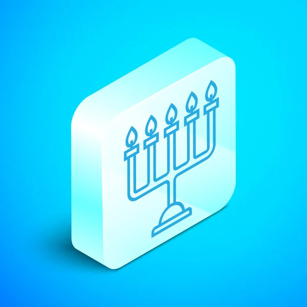 Isometrisk linje Hanukkah menorah ikon isolerad på blå bakgrund. Hanukkah traditionell symbol. Helgreligion, judisk ljusfestival. Silverfyrkantig knapp. Vektor Illustration — Stock vektor