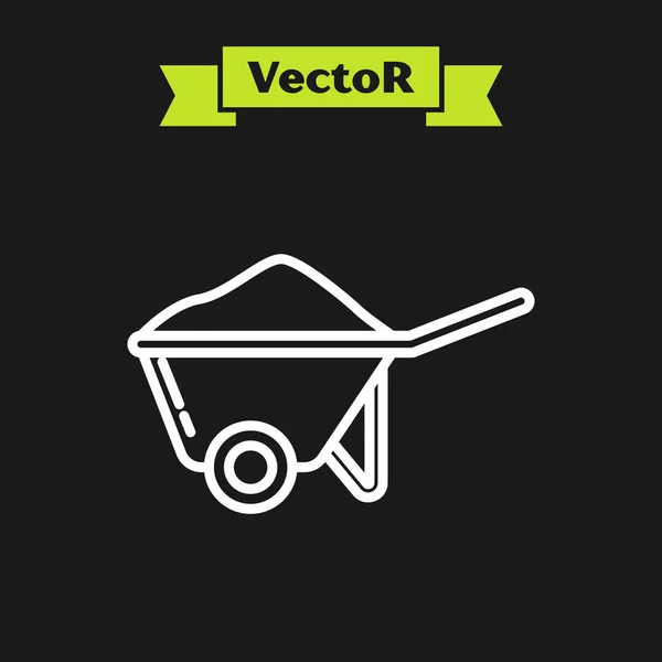 Weiße Linie Schubkarre mit Schmutzsymbol isoliert auf schwarzem Hintergrund. Werkzeugausrüstung. Landwirtschaftlicher Fuhrmannbetrieb. Vektorillustration — Stockvektor