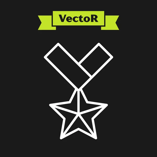 Weiße Linie militärische Belohnungsmedaille Symbol isoliert auf schwarzem Hintergrund. Armeezeichen. Vektorillustration — Stockvektor