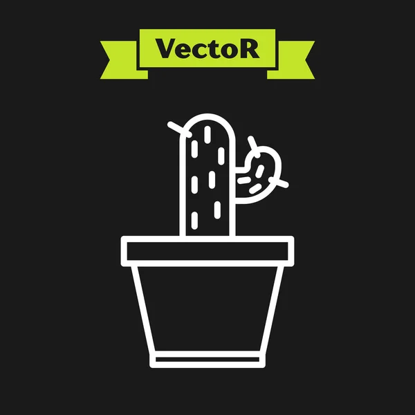 Ligne blanche Cactus et succulent en pot icône isolé sur fond noir. Plante poussant en pot. Panneau végétal en pot. Illustration vectorielle — Image vectorielle