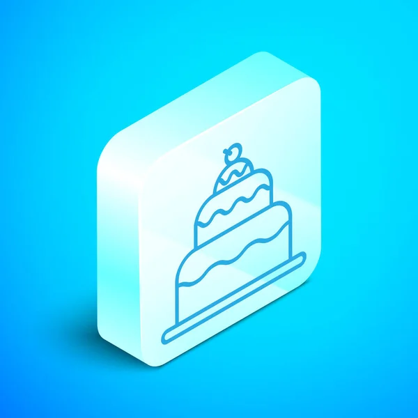 Isometrische lijn Cake icoon geïsoleerd op blauwe achtergrond. Gefeliciteerd met je verjaardag. Zilveren vierkante knop. Vector Illustratie — Stockvector