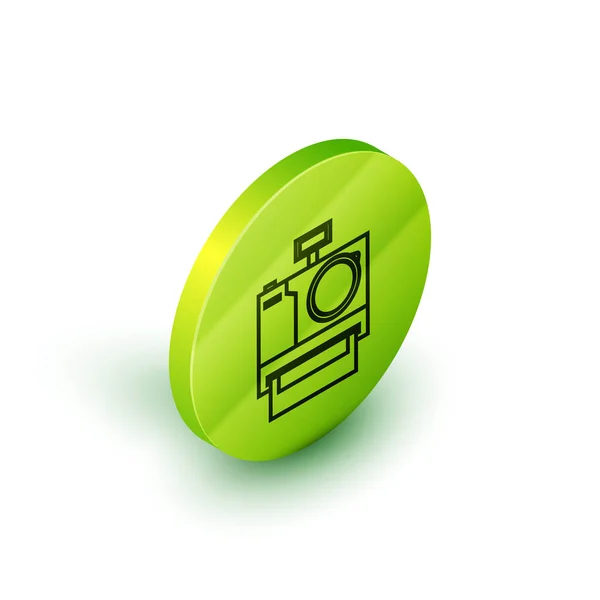 Línea isométrica Icono de la cámara fotográfica aislado sobre fondo blanco. Icono de cámara fotográfica. Botón círculo verde. Ilustración vectorial — Vector de stock