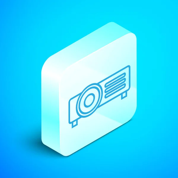 Isometrisk linje presentation, film, film, media projektor ikon isolerad på blå bakgrund. Silver fyrkantig knapp. Vektor illustration — Stock vektor